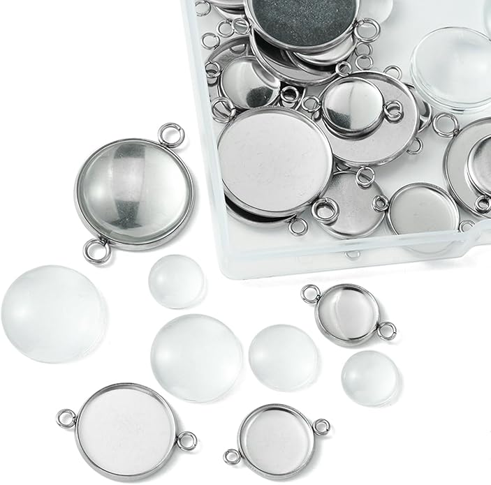 Stainless Steel Blank Dome Links Pendant Tray Connectors with Double Loops for Earrings Bracelets Necklaces Keychains DIY Craft Golden Glass Cabochon Jewelry Making Kit