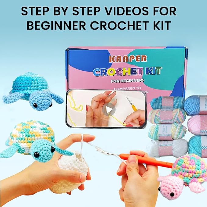 Kaaper Crochet Kit for Beginners Adults and Kids, Beginner Crochet Animal Kit Turtles Family Kit 3 pcs, Crochet Starter Kit & Knitting Supplies with Step-by-Step Video (Turtles Family)