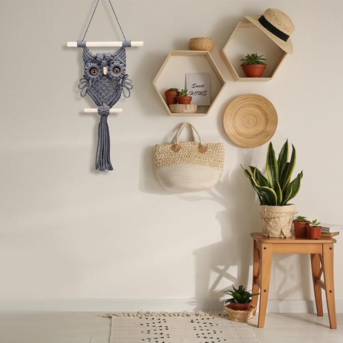 ORIGACH DIY Macrame Owl Wall Hanging Tapestry Kit Grey Cotton Handmade Macrame Owl Kit with Video Tutorials Boho Macrame Wall Hanging Decor Woven Ornament Gift for Bedroom Living Room