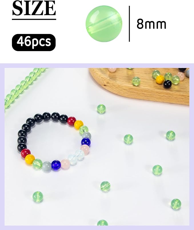 8mm Glass Beads 46PCS Glass Beads for Jewelry Making Charm Round Loose Bead for Bracelet Making Kit (White Green)