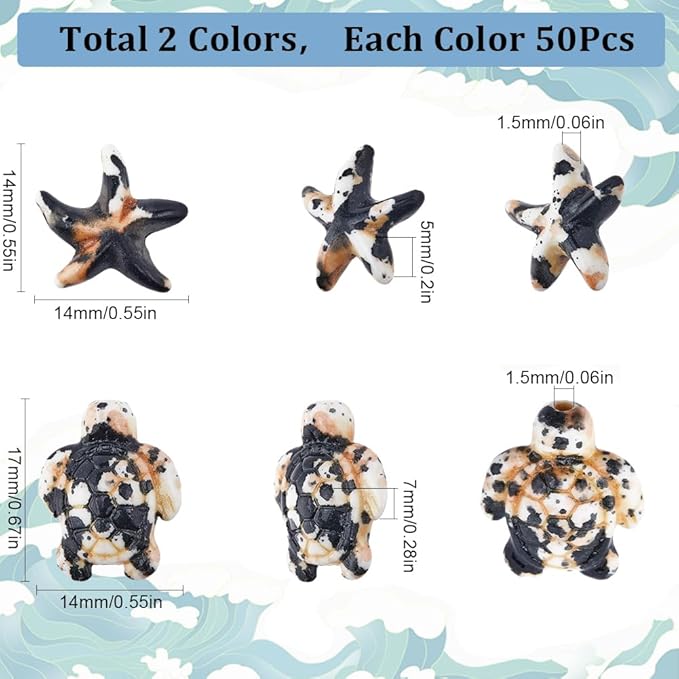 SUNNYCLUE 100PCS 2 Styles Turquoise Turtle Beads Starfish Beads Summer Hawaii Ocean Animal Sea Life Lucky Black White Gemstone Loose Spacer Beads Bulk for Jewelry Making Beading Kit Bracelets Crafts