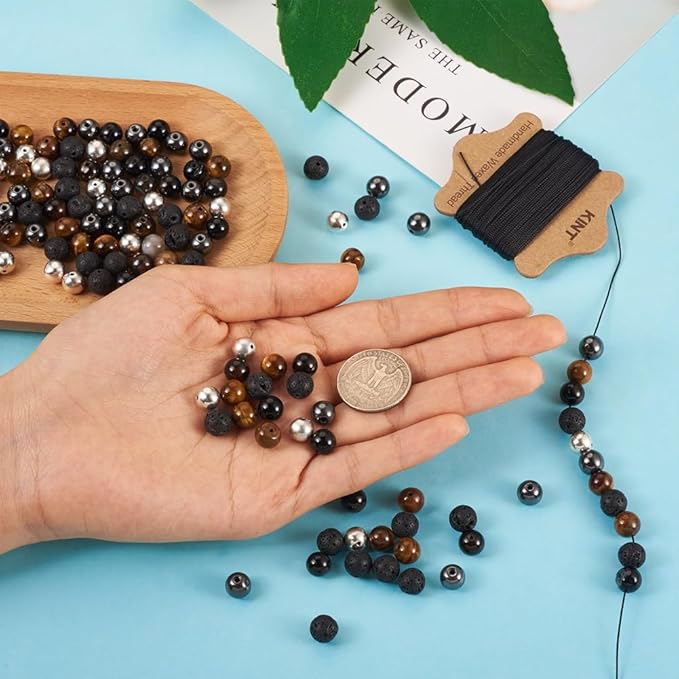 FASHEWELRY Mala Yoga Men Bracelet Making Kit - 220pcs Natural Gemstone Lava Rock Tiger Eye Beads Healing Crystal Chakra Stone Beads with Black Nylon String for Essential Oil Diffuser Jewelry Making