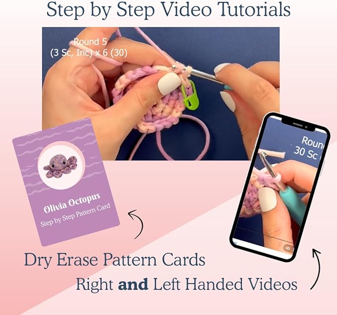 KelliDream Magic Circle Tool Inclusive Learn to Crochet Kit for Beginners; Step-by-Step Video Tutorials; All Supplies to Make Cute Amigurumi (Octopus)