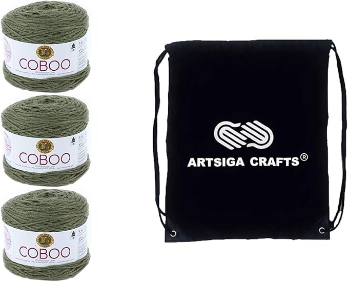 Lion Brand Coboo Olive 835-132 (3-Skeins - Same Dye Lot) DK Light Worsted #3 Cotton, Bamboo Yarn for Crocheting and Knitting with Project Bag
