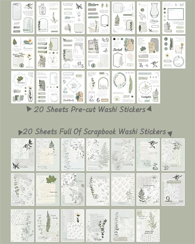 40 Sheets Nature Themed Washi Stickers Book for Adults, 180pcs Botanical Plant Stickers with 20 Adhesive Aesthetic Papers Ephemera for Bullet Junk Journaling Scrapbook Supplies