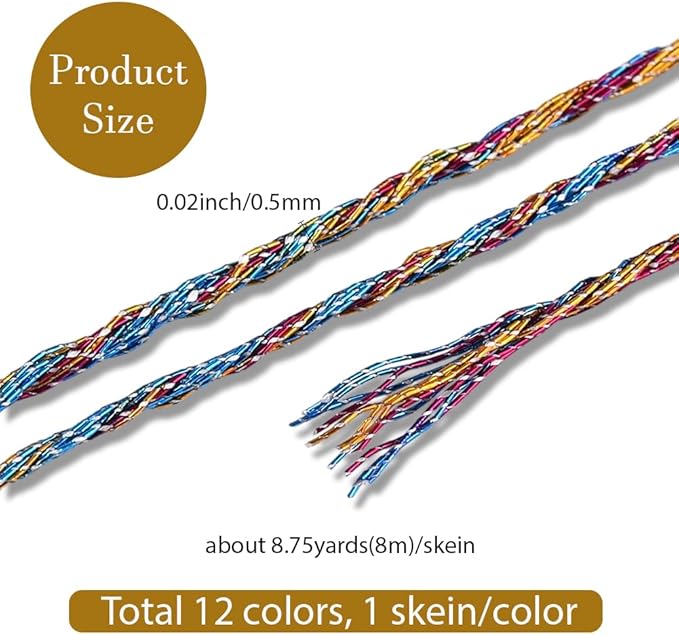 12 Skeins 6 Strands Metallic Embroidery Floss Glitter Cross Stitch Thread Colorful Sparkly Polyester Friendship Bracelet String Yarn Threads Bulk for Hand Sewing Crafts Bracelets Making DIY