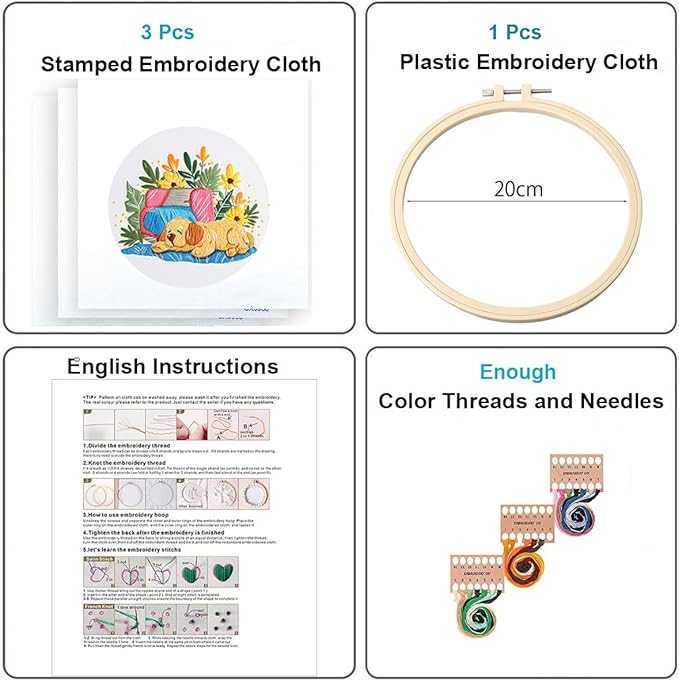 konrisa 3 pcs dog flower embroidery kits for beginners, needlepoint cross stitch kits with pattern, diy sewing practice kit, include 1pcs hoop