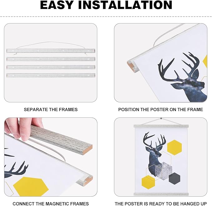 Magnetic Poster Hanger, 18x24 18x12 18x24 Poster Frame Wood Wooden Magnet Print Posters Dowel Scroll Hanger Hangers Hanging Kit for Walls Map Canvas Artwork (Grey, 18")
