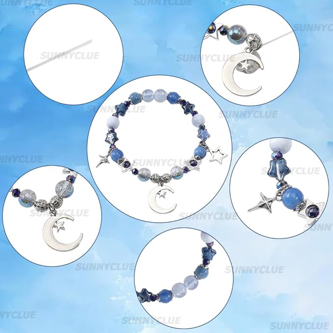 SUNNYCLUE 1 Box 314Pcs DIY 6 Sets Bracelets Making Kit Moon and Star Charms Crescent Stars Bead Blue Faceted Glass Imitation Pearl Loose Spacer Beads for Jewelry Making Kits Adult Women Gifts