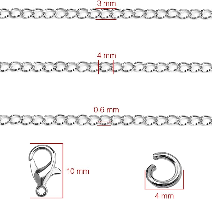 jishi 33ft necklace extender chain 3mm silver stainless steel curb link chain for jewelry making, bracelet necklace extender diy, keychain craft supplies, metal chain roll w/lobster clasps, jump rings