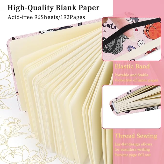 Square 4.8x4.8 inches 80gsm 96sheets/192 Pages Notebooks Blank Sketchbooks Travel Journal Pocket Hardcover Paint Writing Diary Memo Planner Cloth Cover. Pink Cat