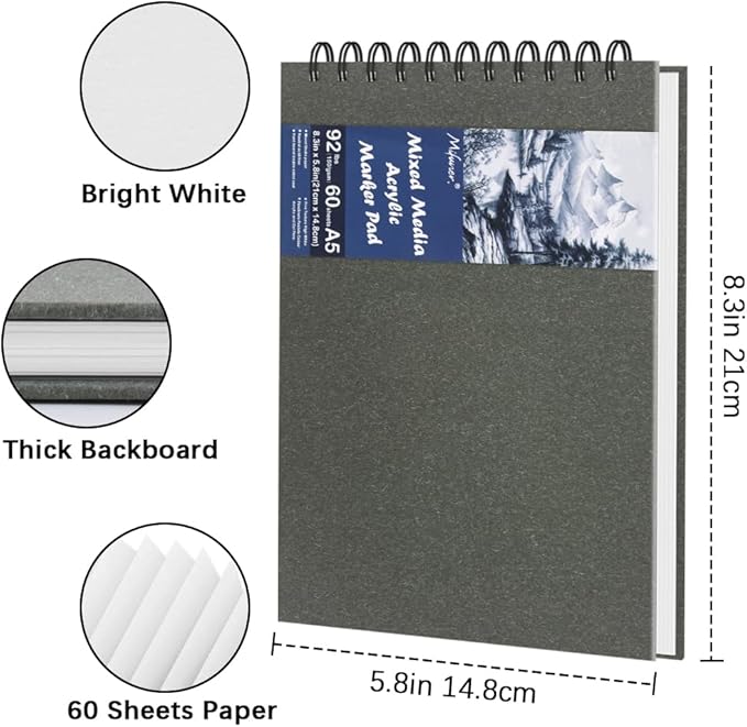 8.3" x 5.8" Hardcover Sketchbook, Top Spiral Bound Art Journal Sketchbook, 60 Sheets 92LB/150 GSM Acid-Free Drawing Bright White Mixed Media Paper for Adults Beginners Artists.Dark Grey