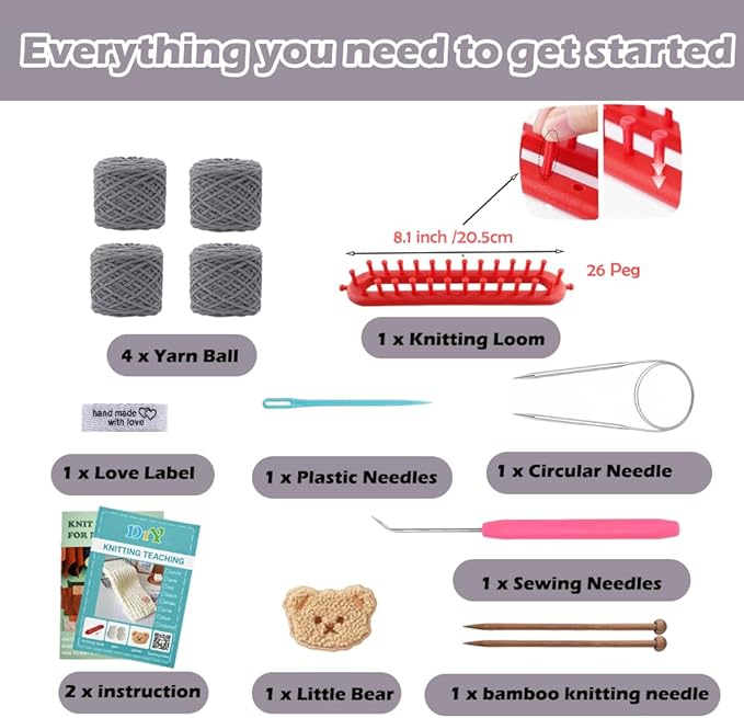 Novelchet Knitting Loom Kit for Scarf, Easy Knitting Set Including Knitting Needles Set Plush Yarn, Learn to Knit kit with Instructions