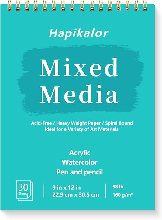sketch book mixed media pad - 9" x 12" top spiral bound sketch pad, 30 sheets 98lb/160gsm acid-free drawing paper, art supplies sketchbook for drawing, sketching