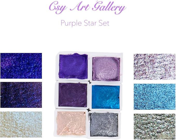 CSY art gallery Handmade Artist Watercolor Paint Set-Metallic Glitter Water Coloring Paint- Watercolors-Pearlescent Watercolour- Sparkle Vibrant Colors Painting Palette (Purple Star)