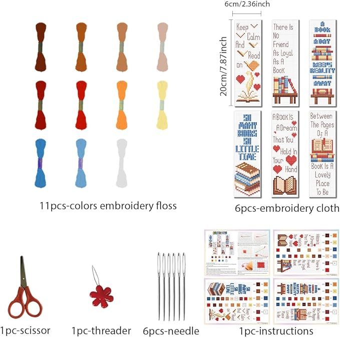 FREEBLOSS 6 Set Cross Stitch Bookmark Kit Books Pattern Stamped Cross Stitch Kits for Beginners DIY Embroidery Bookmarks DIY Bookmark Kit Embroidery Kit for Adults Gift 6 * 20CM