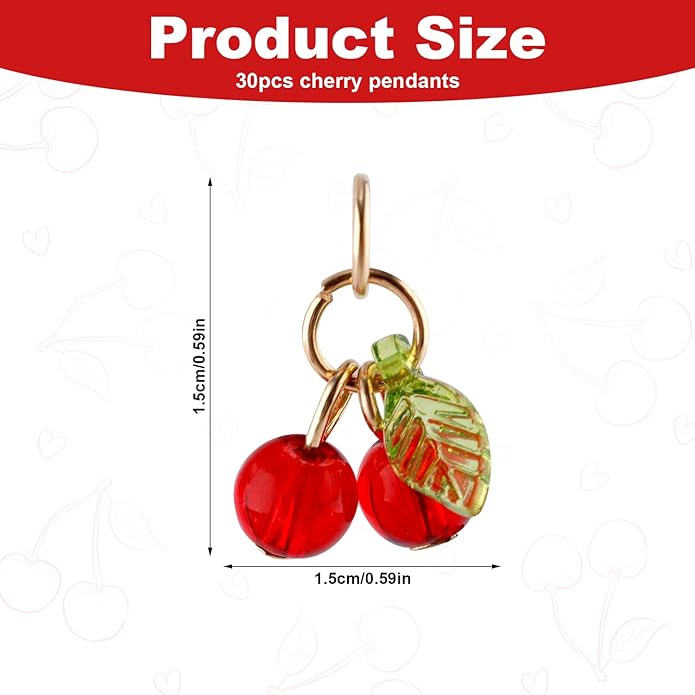 30pcs Red Cherry Charms, Cute Glass Red Fruit Pendants with Loop DIY Jewelry Making Accessories for Bracelet Necklace Earrings