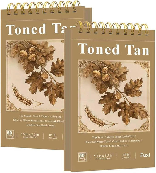 Fuxi Toned Tan Sketchbook, 2-Pack - 5.5" x 8.5" | 85lb/130gsm Toned Paper, 50 Sheets Per Pad.