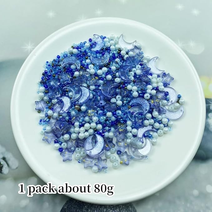 Assorted Glass Beads for Jewelry Making Multi Size Colors Glass Star Moon Seed Pearl Spacer Beads for Bracelets Necklace Earring Making(White Blue)