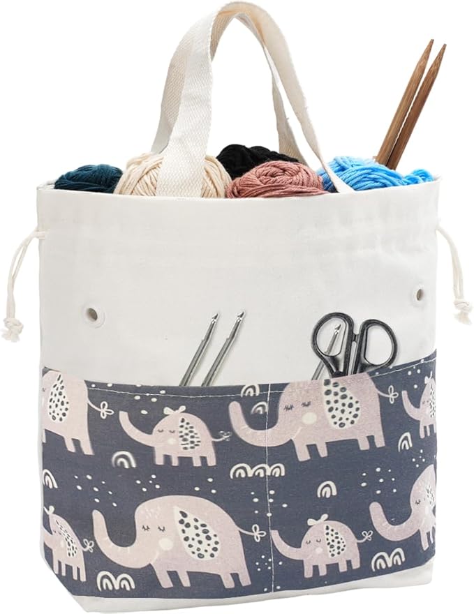 Crochet Bag, Handy Knitting Project Yarn Bag, Crochet Accessories Yarn Storage Organizer, Knitting Bags and Totes for Crocheting on The Go, 12x13x5'' (Gray Elephant, Small)
