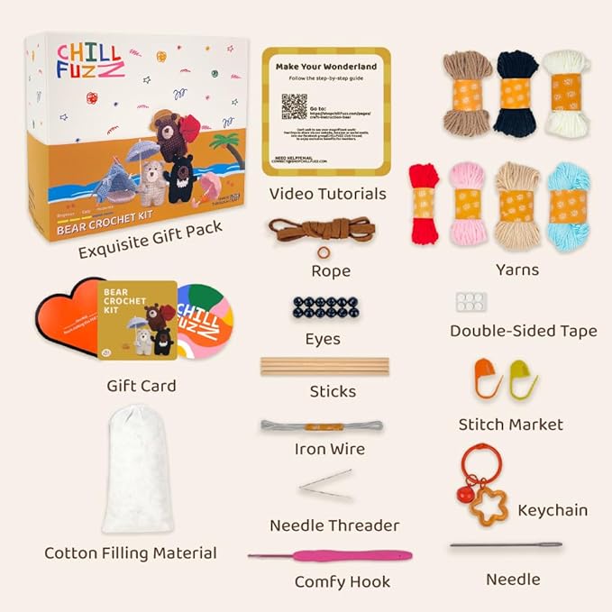 ChillFuzz Animal Crochet Kit Beginner Crochet Kit for Adults with Soft Yarn Hook and Instructions Handmade DIY Gift Bear