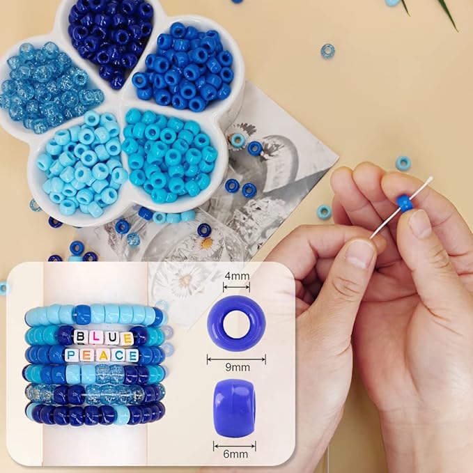 MIIIM 1000PCS 6x9mm Pony Beads Bulk, 5 Styles Blue Pony Beads for Bracelets Making Kit, Kandi, Hair Braids Crafts for Jewelry Making (Blue)
