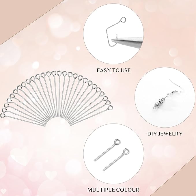 Junkin 1400 Pcs Eye Pins Mix Jewelry Findings 0.63 * 0.79 * 1.18 in Open Eye Head Pins Findings for Jewelry Making DIY Necklace Bracelets (Silver)