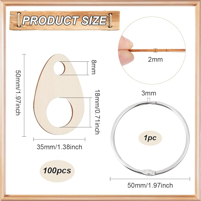 BENECREAT 100pcs Teardrop Wood Thread Drops, 1.9x1.3inch Wood Cross Stitch Thread Organization with Floss Ring for Craft DIY Sewing Storage, 2mm Thick