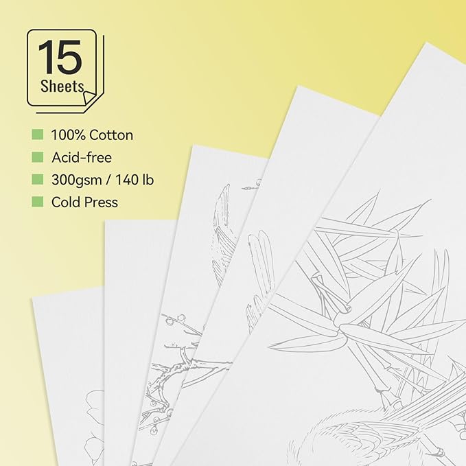 Lightwish Watercolor Coloring Book for Adults & Beginners,100% Cotton 300gsm/140lb Acid-Free Cold Press Paper, 8.3 x 5.6 Inches,15 Sheets,Bird-Themed