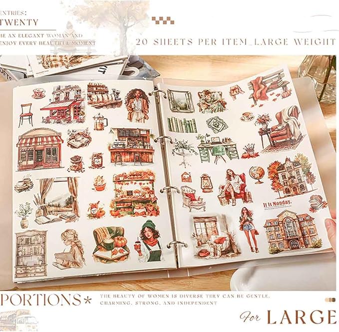 20 Sheets Reading Time Ephemera Sticker Book for Journaling Supplies, Aesthetic Fashion Girl Sticker for Scrapbook Kit Junk Journal, Pre-Cut PET Stickers for Bujo Planner Arts Craft