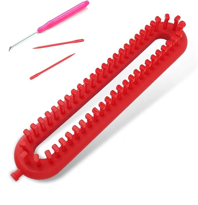 Dense Teeth Rectangle Knitting Looms，Plastic Weaving Looms Set，Weaving Loom，Scarf Hats Making Tools，DIY Crocheting Handmade Craft Kit with a Crochet Hook and Needle for Knitting Lovers，26 cm (Red)