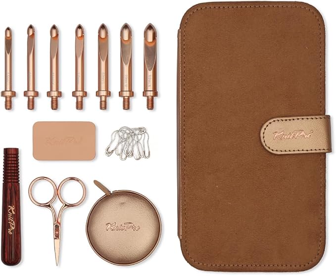 KnitPro Oasis Chunky Crochet Set - 1 Wooden Handle, 7 Hooks in Sizes 5.5mm to 10mm, 1 Rose Gold Scissors, 1 Tape Measure, 10 Metal Locking Stitch Markers, 1 Gripper
