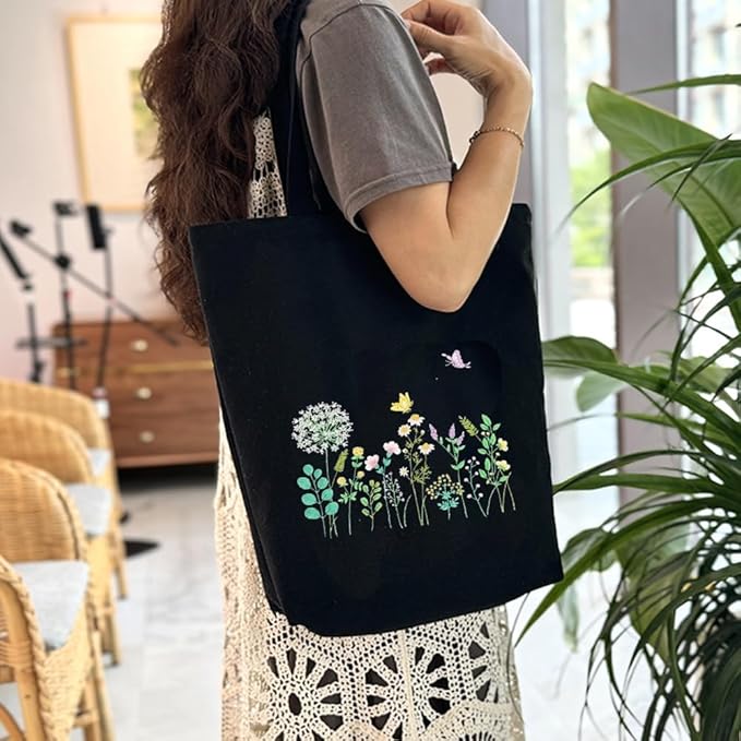 VWV-Whizzing Embroidery Canvas Tote Bag DIY Kit for Beginners, Complete with Pattern, Hoops, Color Threads, Tools & Detailed Instructions for Adults (13X15(in) Black-Bu)