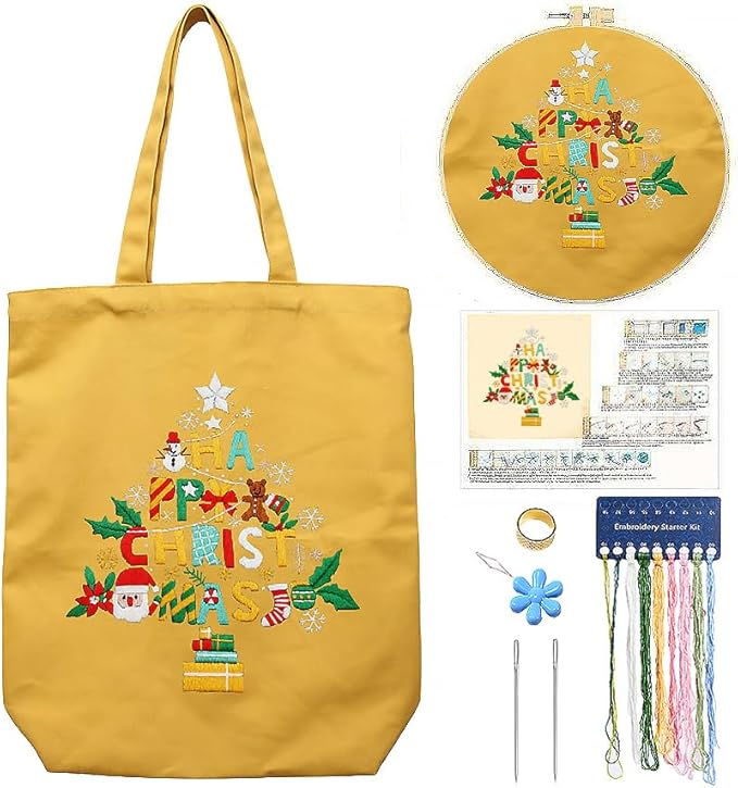 CREAWONDER Canvas Tote Bag Embroidery Kit with Pattern for Beginners, Arts and DIY Embroidery Crafts Kits for Adults, Include Instructions, Thimble, Embroidery Hoops, Color Threads and Tool