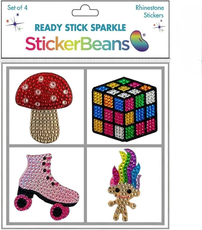 stickerbeans® rhinestone stickers - retro set 4-pack, 2” x 2” each, unique sparkly cut-to-shape for collecting, trading, decorating laptops, phone cases, scrapbooks, for kids, teens, & adults
