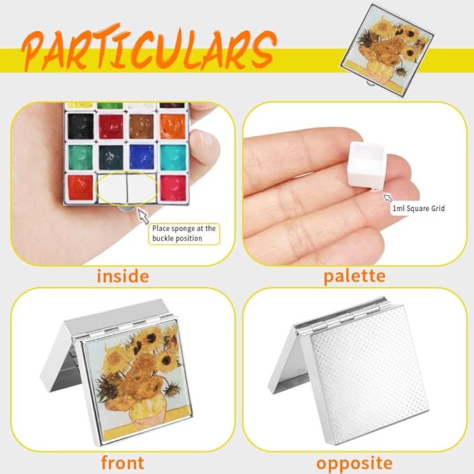 Portable Mini Tin Box 14-Well Empty Watercolor Palette Paint Mixing Tray is a Small Storage Travel Kit with Magnetic Clip and Oil Pot, Perfect for Outdoor Sketching and DIY Painting.Sunflower