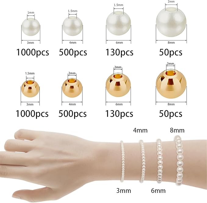 3360pcs Gold Round Beads & Pearl Beads 3/4/6/8mm 4 Size Smooth Ball Bead for Jewelry Making Metal Circle Bead for Bracelet Necklace Earring Making Supply