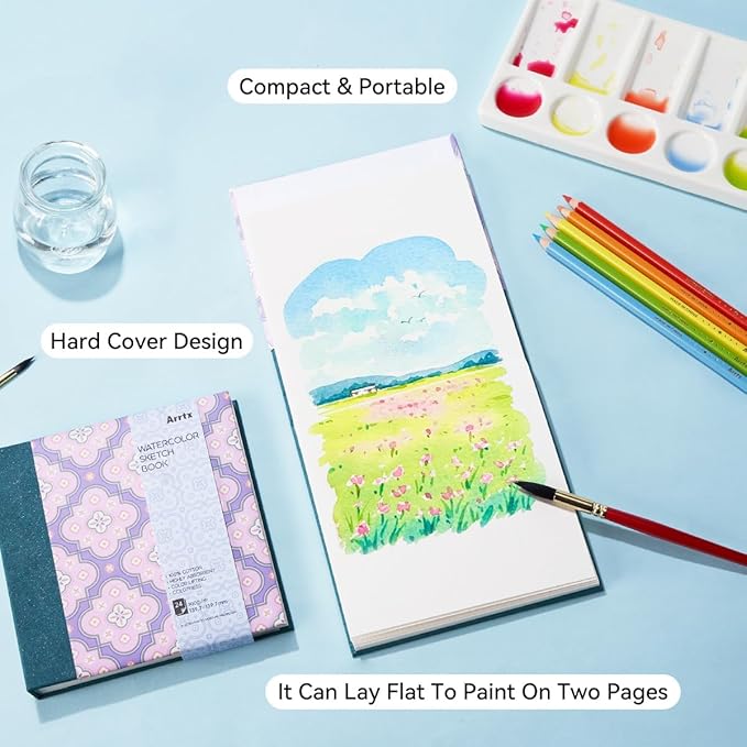 2 Pack Arrtx Square Watercolor Sketchbook, 5.47x5.47'', 140 LB, 300 GSM, 100% Cotton Paper, Cold Press, 48 Sheets, Hardcover Watercolor Journal for Use As Travel Notebook for Artists Adults Students
