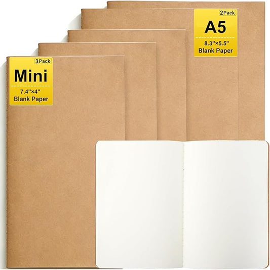 5 Pack Blank Kraft Notebooks Set, 60 Pages Journals Notebook Bulk, Unlined Composition Notebook for Kids, Student, Sketchbooks and Pocket Notebook(8.3"×5.5", 7.4"×4")