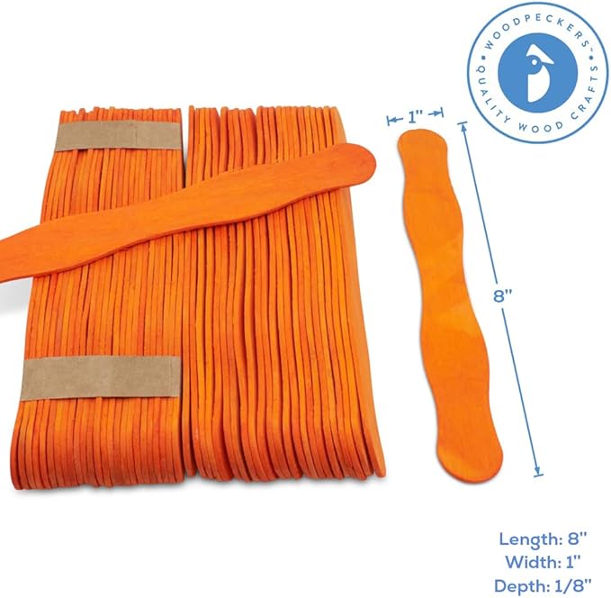Wooden Orange 8" Fan Handles, Wedding Programs, Paint Mixing, Pack 100, Jumbo Craft Popsicle Sticks for Auction Bid Paddles, Wooden Wavy Flat Stems for Any DIY Crafting Supplies Kit, by Woodpeckers