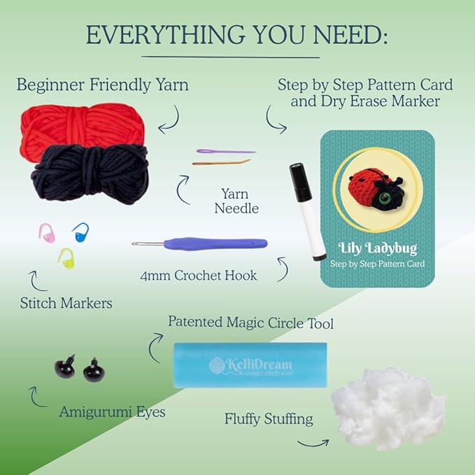 KelliDream Magic Circle Tool Inclusive Learn to Crochet Kit for Beginners; Step-by-Step Video Tutorials; All Supplies to Make Cute Amigurumi (Ladybug)