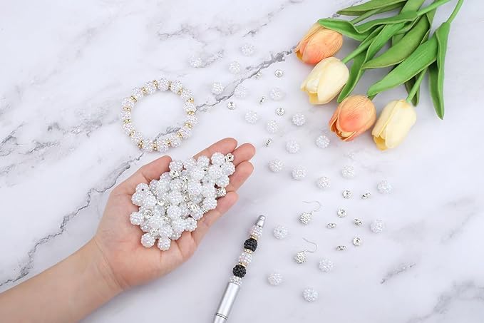 LAIDANLA 250pcs 12mm White Rhinestone Beads and 8mm Silver Rondelle Spacer Beads for Beadable Pens, Sparkly Shamballa Disco Baseball Bead for DIY Bracelets Necklaces Earring Craft