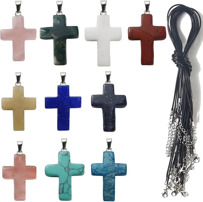 GXXMEI 20PCS/Set Cross Shape Stone Pendants with Leather Chain Chakra Beads Crystal Quartz Healing Charms for DIY Necklace Jewelry Making, Assorted Color