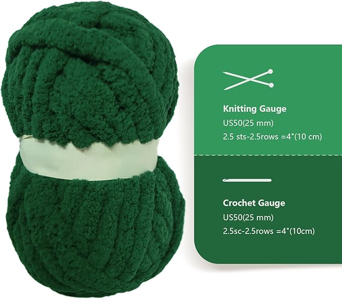 Dark Green Chunky Chenille Yarn for Crocheting/Knitting, Super Bulky Hand Blanket, Soft Plush Yarn for Carpet/Scarf/Cushion, 8 Jumbo Pack (63.76oz/197.68yd)