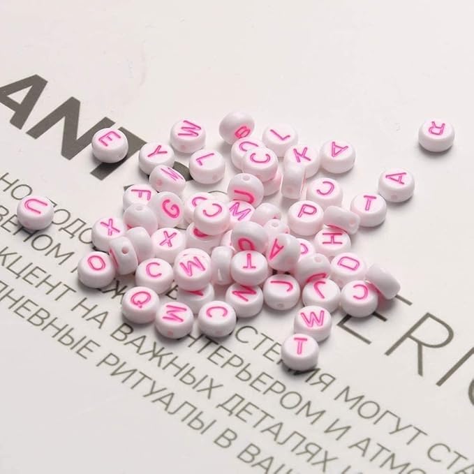 Xilitata Pink Letter Beads Alphabet Letters White Round Bead, 4x7mm 1200pcs, Pink Beads for Bracelets Friendship Bracelets Making Kit Beads with Box