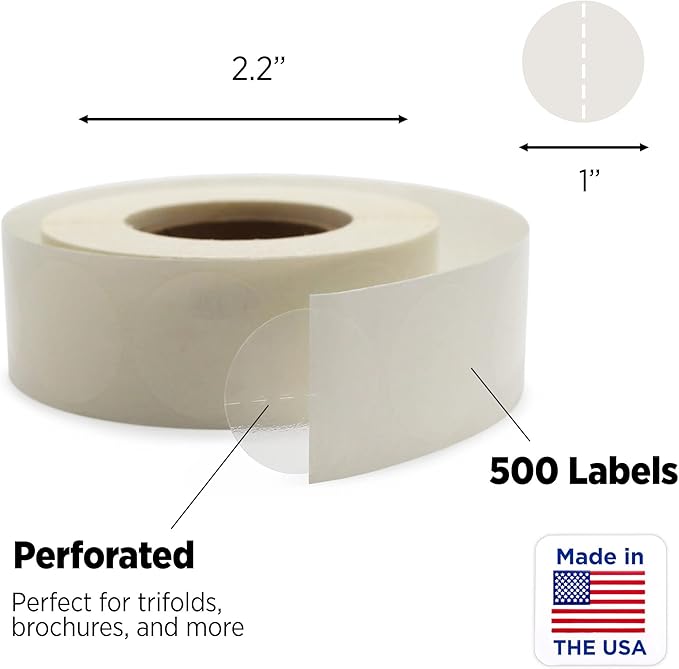 chromalabel 1 inch round clear wafer seals, 500 per roll, perforated