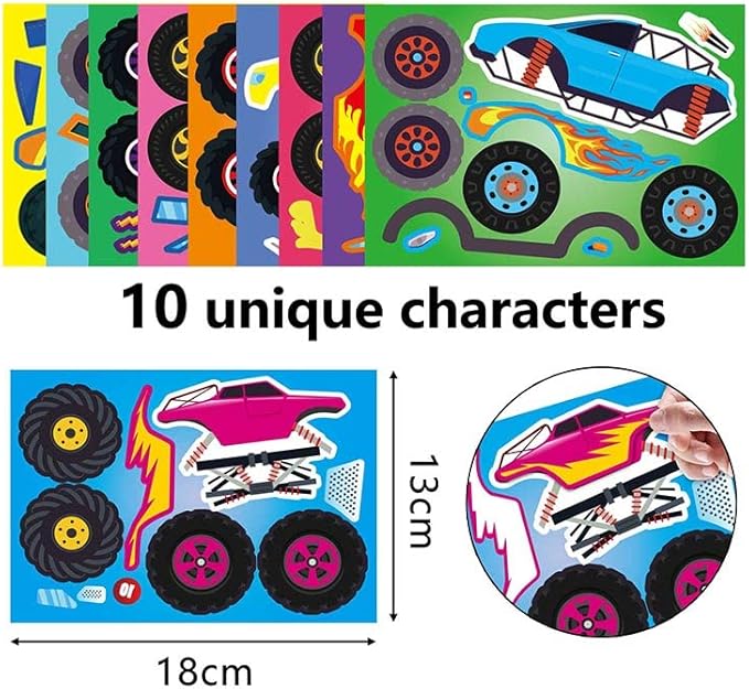 20 pcs monster truck make your own stickers with 10 designs truck party favors for monster truck-themed birthday party decorations favor supplies education toy art craft activities birthday gift