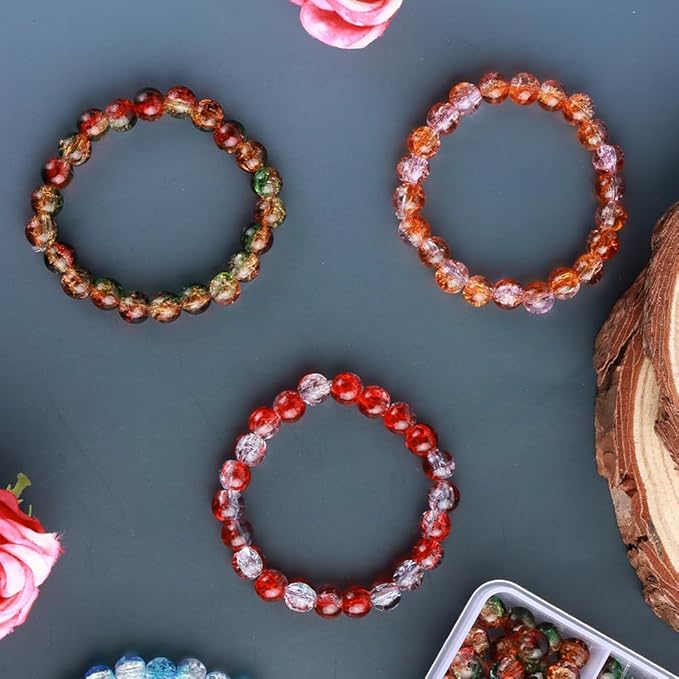 C MY 600pcs 8mm Crackle Glass Beads for Bracelet Jewelry Making Kit with 1 Roll Crystal Elastic Cord, 12 Colors Crystal Glass Beads for DIY Craft Friendship Ankle Necklace Earring Jewelry Making