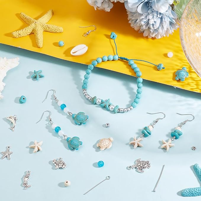 PH PandaHall 575pcs Turquoise Turtle Beads Ocean Beads Charms Starfish Seashell Bead Charms Tortoise Mermaid Pendants for Summer Beach Necklace Earring Bracelet Anklet Jewelry Making