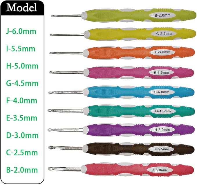 9 Pieces Crochet Hooks Ergonomic Ergonomic Crochet Hooks Set Soft Grip Handle Knitting Needles Craft Making Tool for Arthritic Hands Size B to J 2.0mm-6.0mm